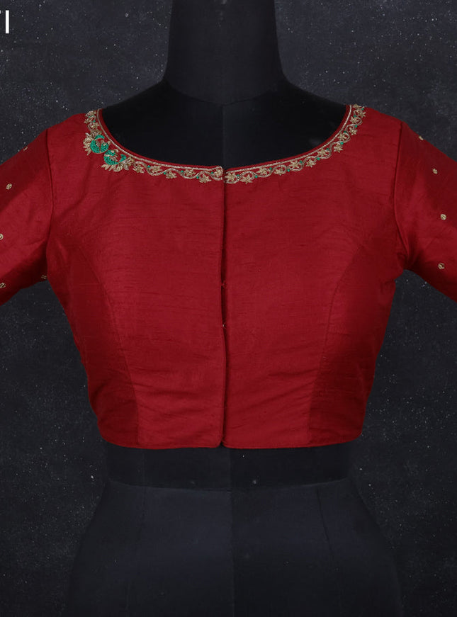 Raw silk readymade blouse red with aari work and back knot