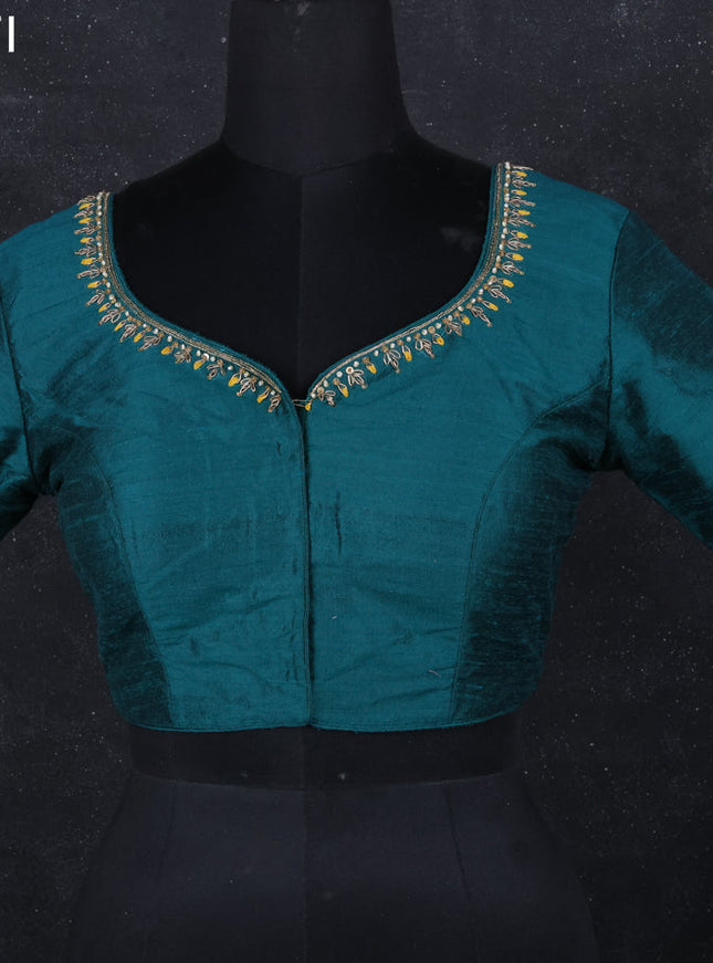 Raw silk readymade blouse peacock green with aari work and back knot
