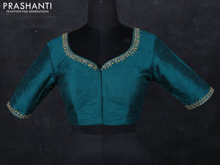 Raw silk readymade blouse peacock green with aari work and back knot