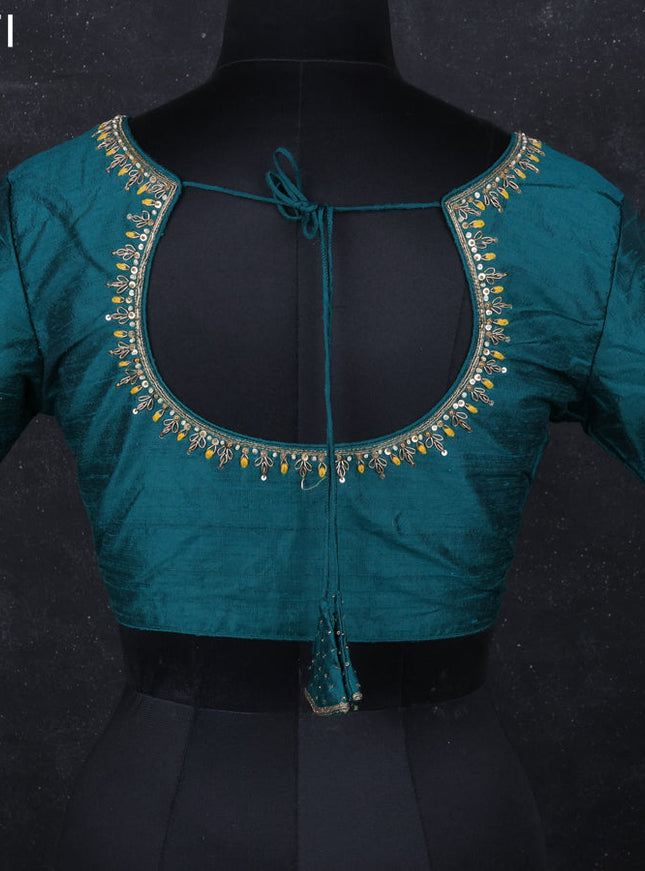 Raw silk readymade blouse peacock green with aari work and back knot