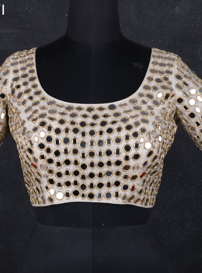 Tissue readymade blouse beige with mirror work and back knot