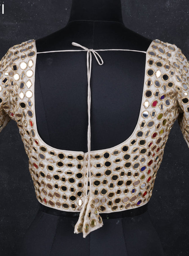 Tissue readymade blouse beige with mirror work and back knot