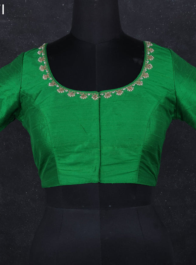 Raw silk readymade blouse green with aari work and back knot