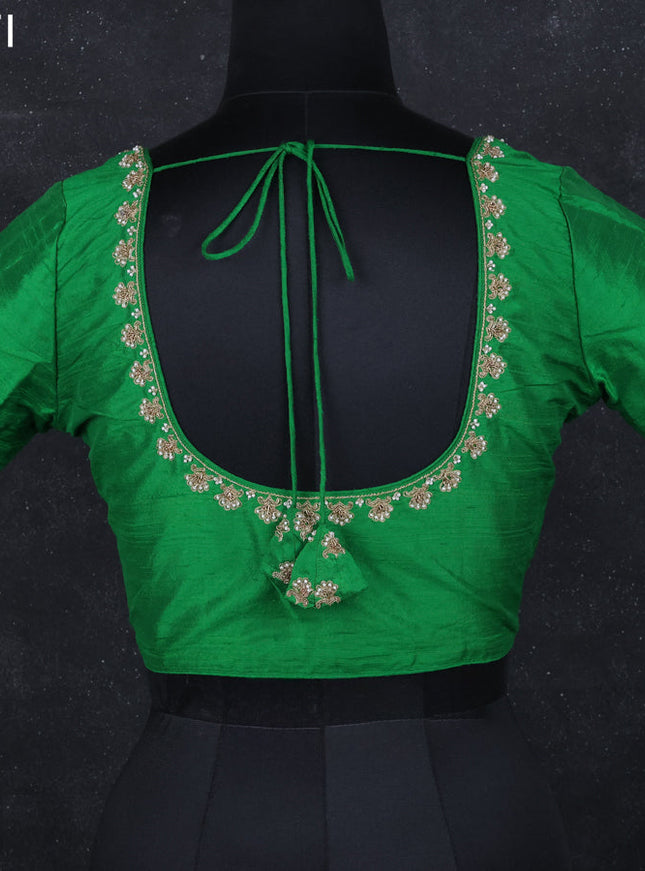 Raw silk readymade blouse green with aari work and back knot