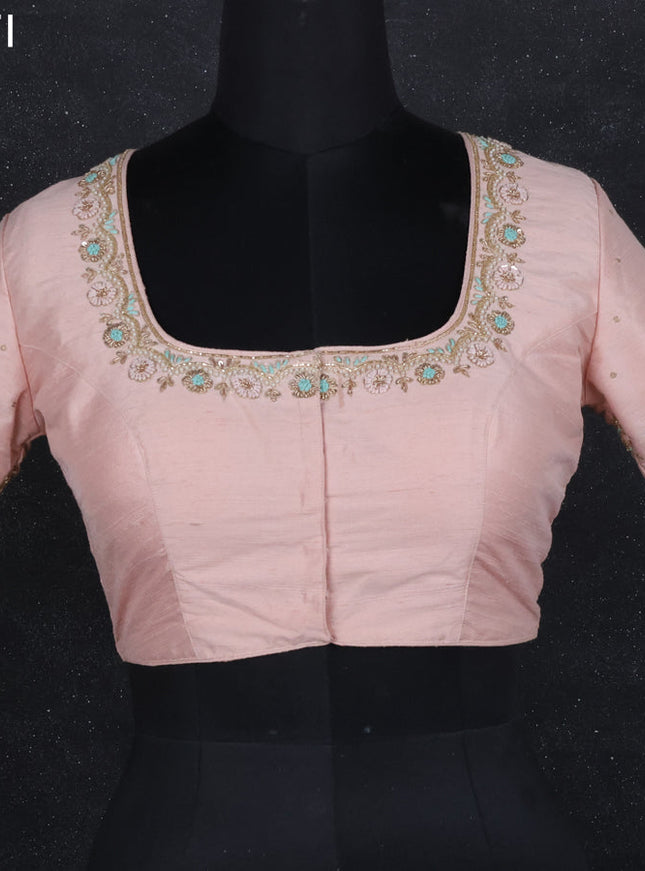 Raw silk readymade blouse pastel peach with aari work