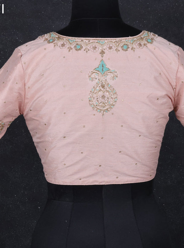Raw silk readymade blouse pastel peach with aari work