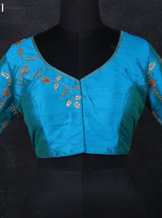 Raw silk readymade blouse teal blue with zardosi work