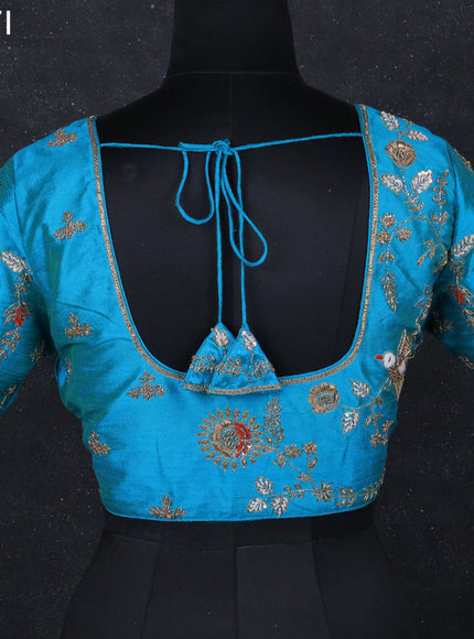 Raw silk readymade blouse teal blue with zardosi work