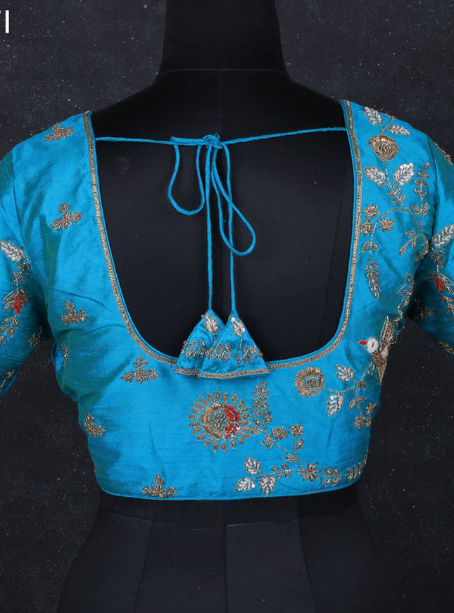 Raw silk readymade blouse teal blue with zardosi work