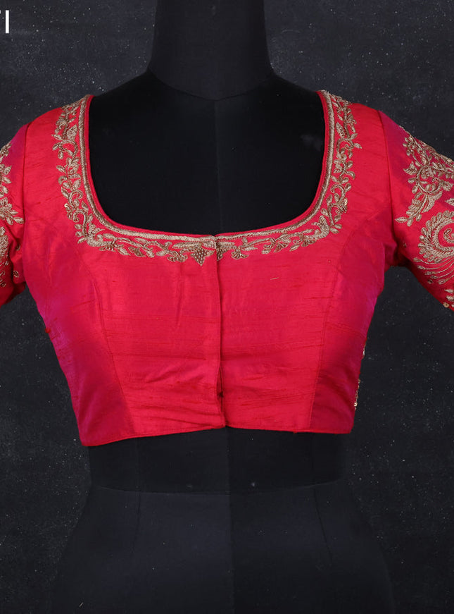 Raw silk readymade blouse reddish pink with zardosi work and back knot