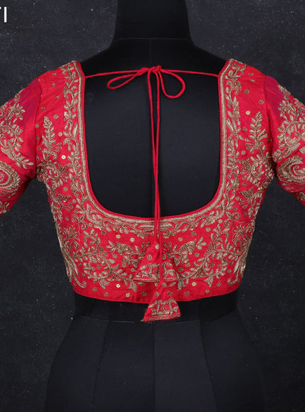 Raw silk readymade blouse reddish pink with zardosi work and back knot