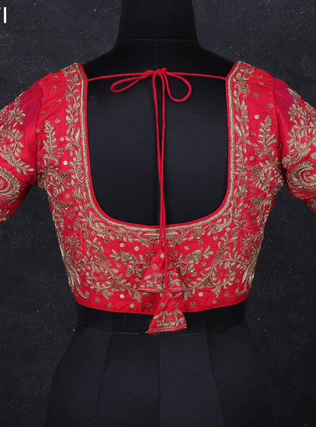 Raw silk readymade blouse reddish pink with zardosi work and back knot