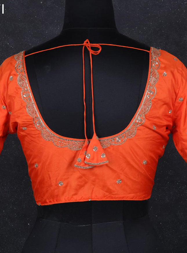 Silk readymade blouse orange with aari work with back knot