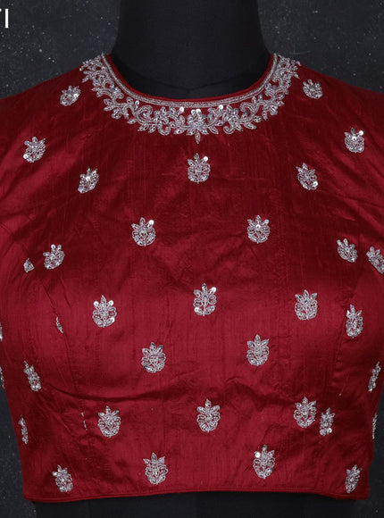 Raw silk readymade blouse red with aari work without sleeve