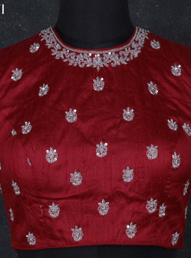 Raw silk readymade blouse red with aari work without sleeve