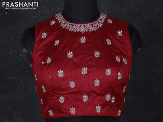 Raw silk readymade blouse red with aari work without sleeve