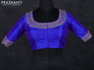 Raw silk readymade blouse royal blue with aari work with back knot
