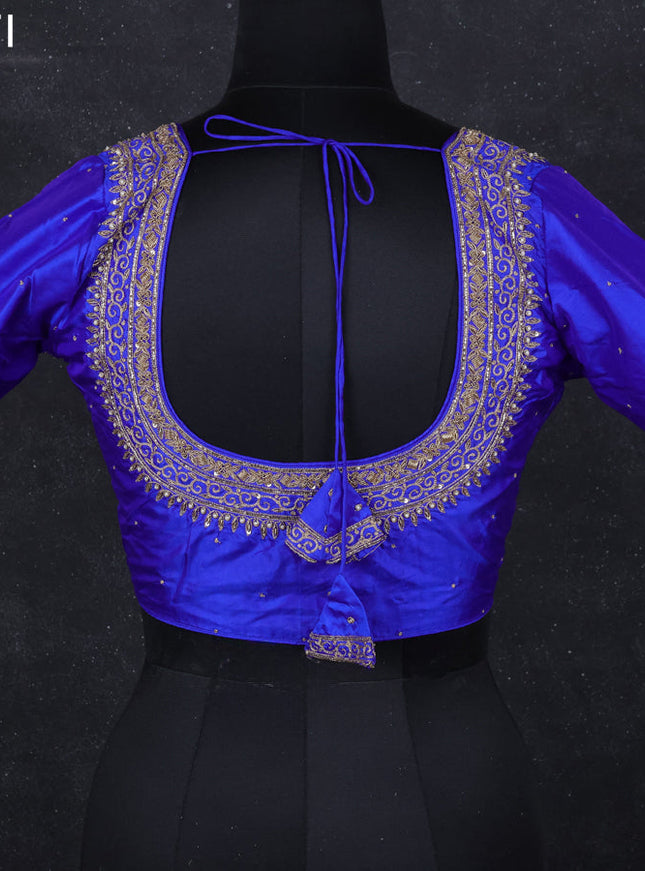 Silk readymade blouse royal blue with aari work with back knot