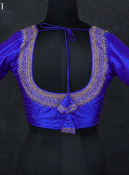 Raw silk readymade blouse royal blue with aari work with back knot