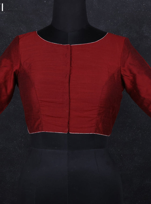 Raw silk readymade blouse maroon and peach with patch work neck pattern