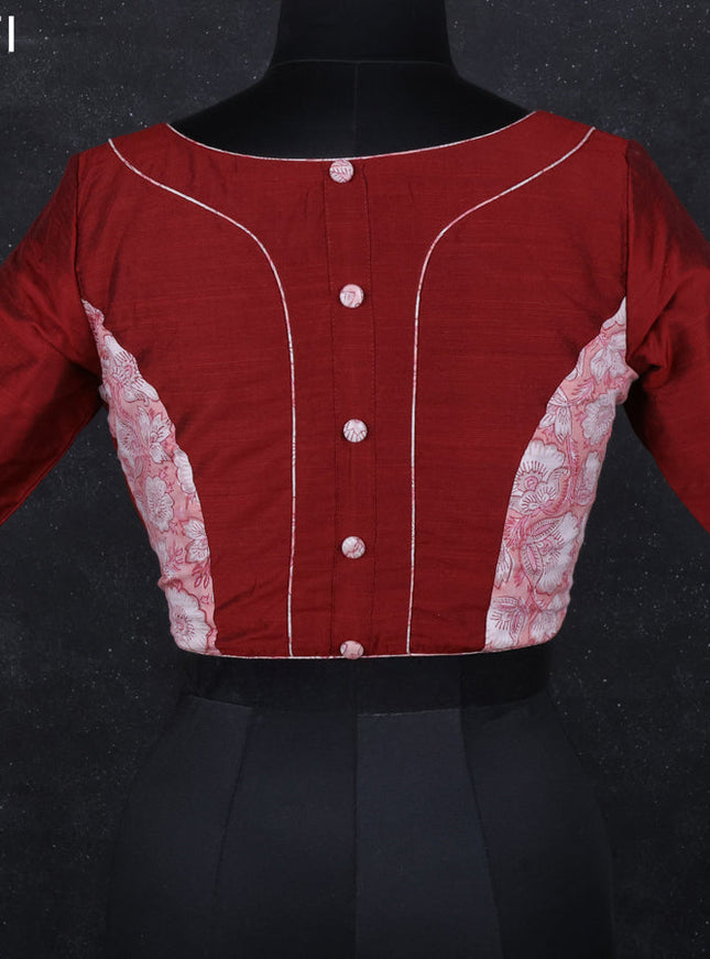 Raw silk readymade blouse maroon and peach with patch work neck pattern