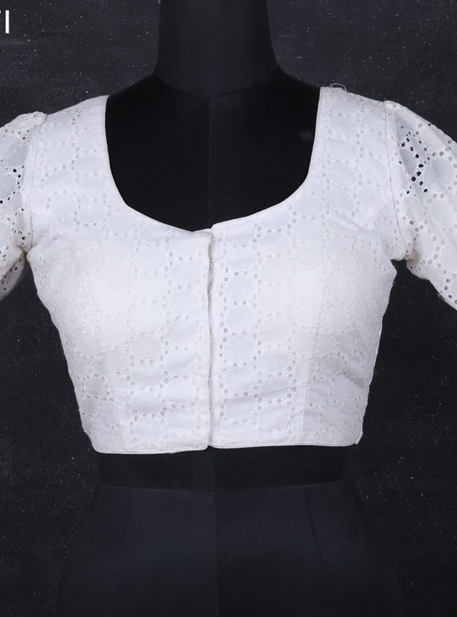 Cotton readymade blouse off white with hakoba work and back knot