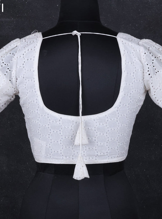 Cotton readymade blouse off white with hakoba work and back knot