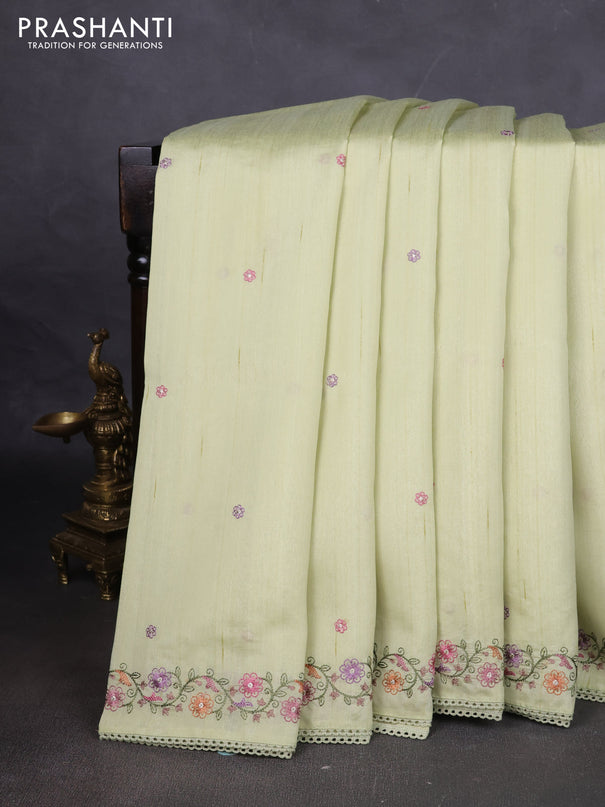 Art tussar saree mild pista green with embroidery work and floral embroidery border