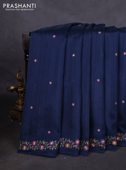 Art tussar saree dark peacock blue with embroidery work and floral embroidery border
