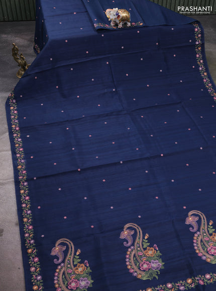 Art tussar saree dark peacock blue with embroidery work and floral embroidery border