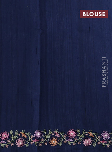 Art tussar saree dark peacock blue with embroidery work and floral embroidery border