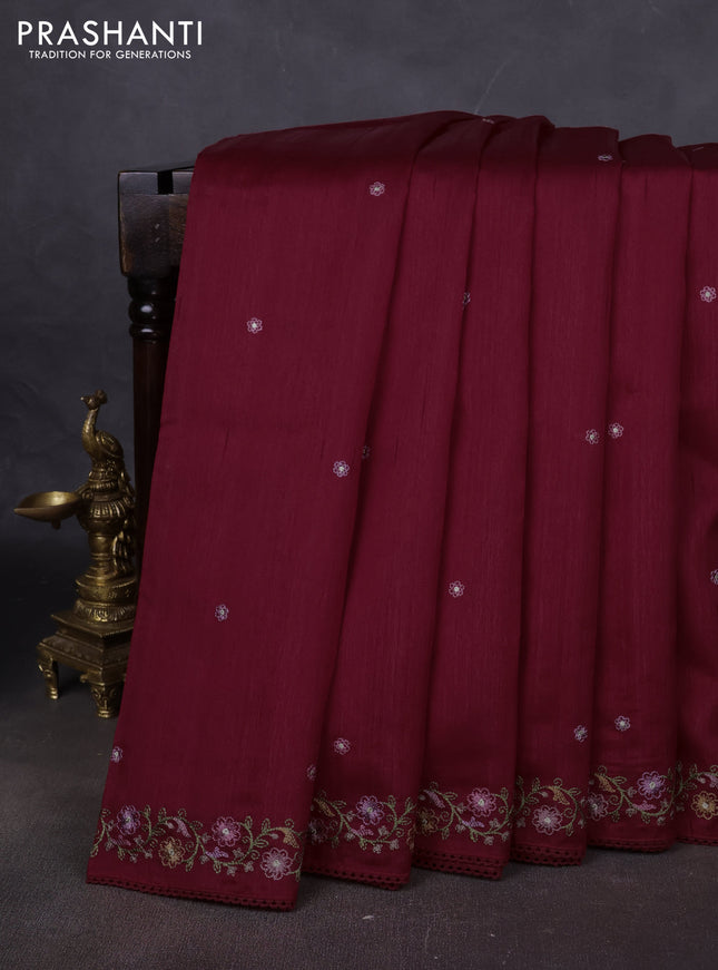 Art tussar saree maroon with embroidery work and floral embroidery border