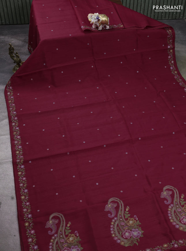 Art tussar saree maroon with embroidery work and floral embroidery border