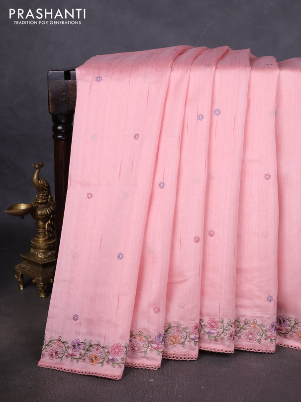 Art tussar saree pastel pink with embroidery work and floral embroidery border