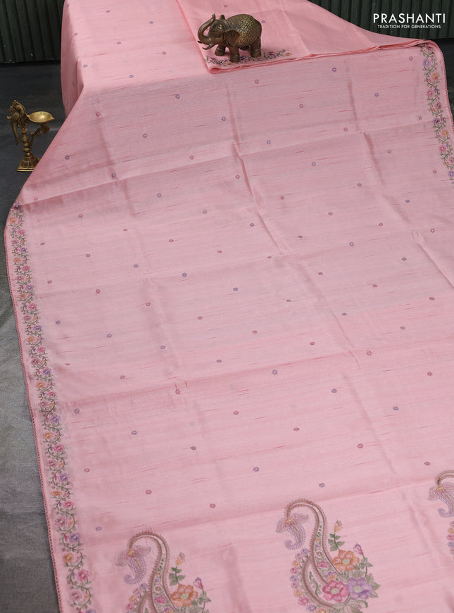 Art tussar saree pastel pink with embroidery work and floral embroidery border
