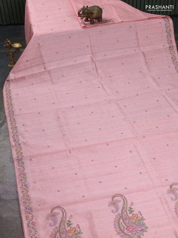 Art tussar saree pastel pink with embroidery work and floral embroidery border
