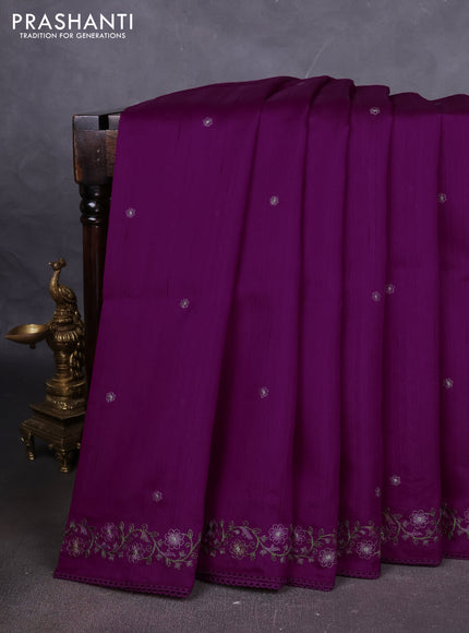 Art tussar saree purple with embroidery work and floral embroidery border