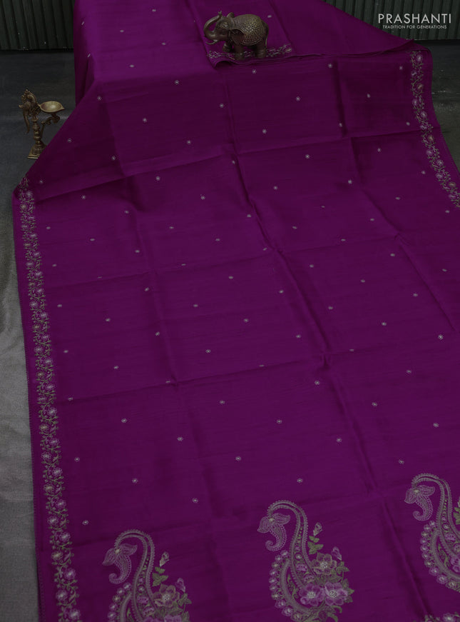 Art tussar saree purple with embroidery work and floral embroidery border