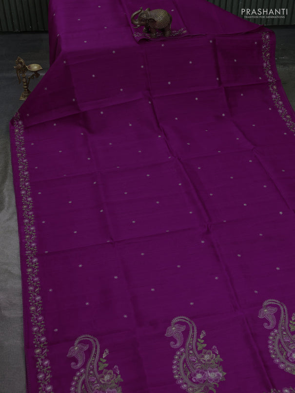 Art tussar saree purple with embroidery work and floral embroidery border