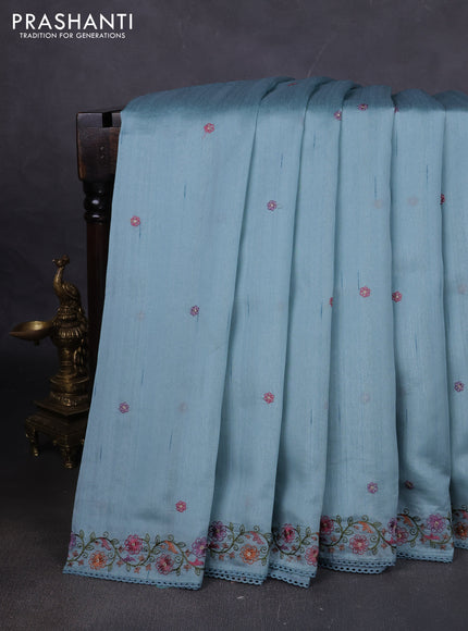 Art tussar saree pastel blue with embroidery work and floral embroidery border