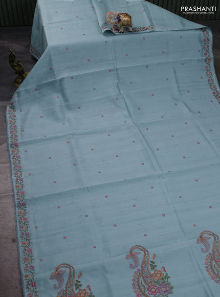 Art tussar saree pastel blue with embroidery work and floral embroidery border