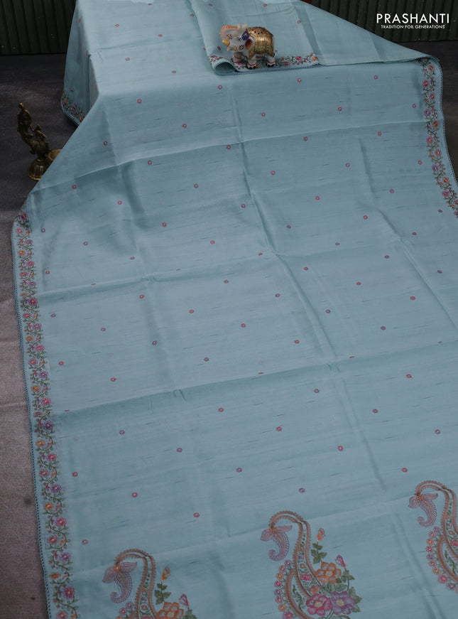 Art tussar saree pastel blue with embroidery work and floral embroidery border