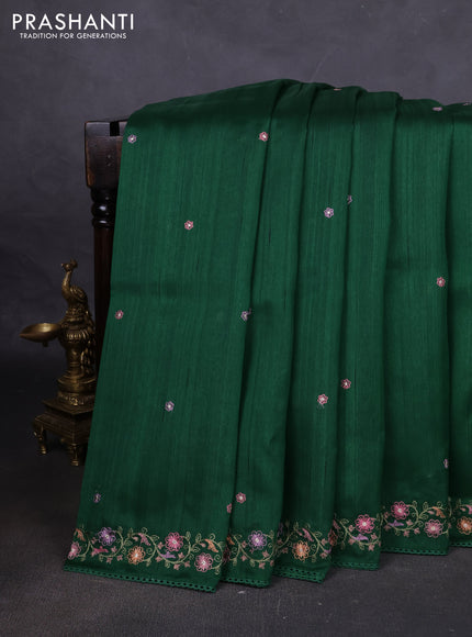 Art tussar saree green with embroidery work and floral embroidery border
