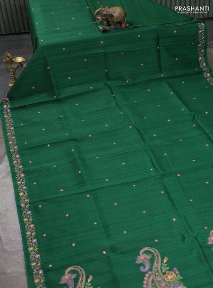 Art tussar saree green with embroidery work and floral embroidery border