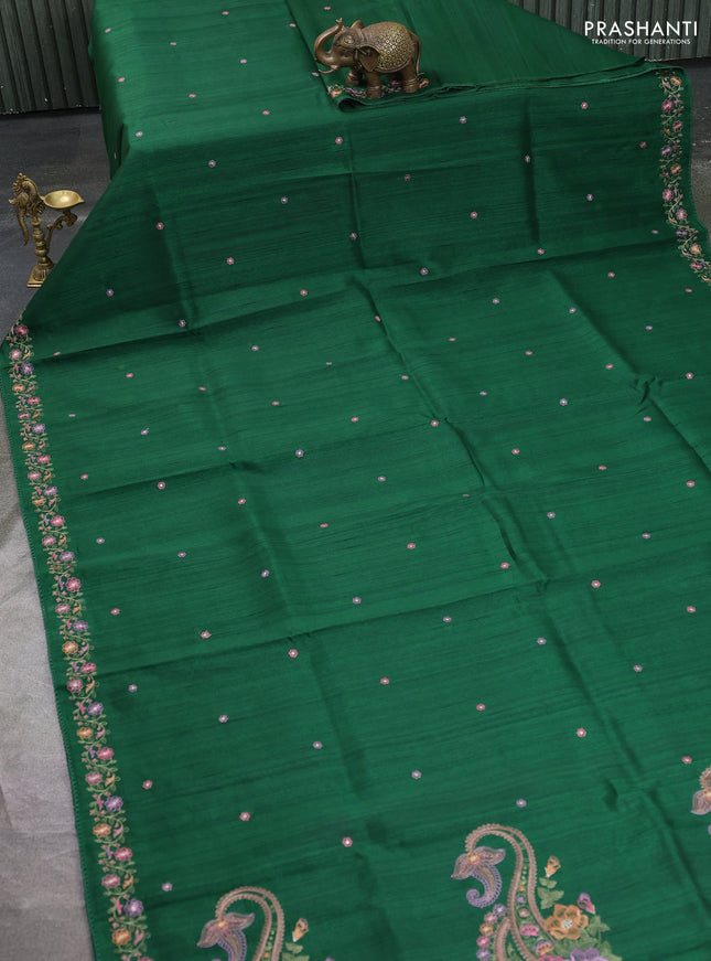 Art tussar saree green with embroidery work and floral embroidery border