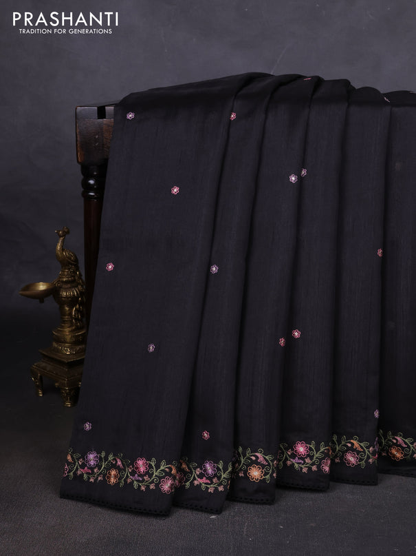 Art tussar saree black with embroidery work and floral embroidery border