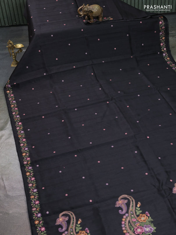 Art tussar saree black with embroidery work and floral embroidery border