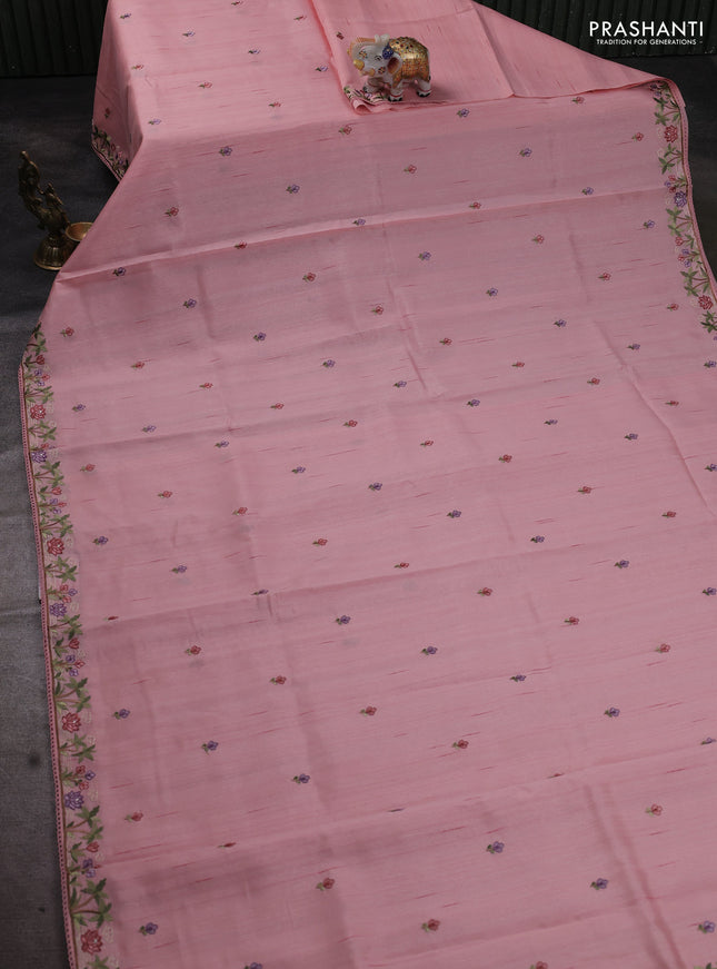 Art tussar saree peach pink with embroidery work and floral embroidery border