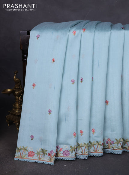 Art tussar saree pastel blue with embroidery work and floral embroidery border