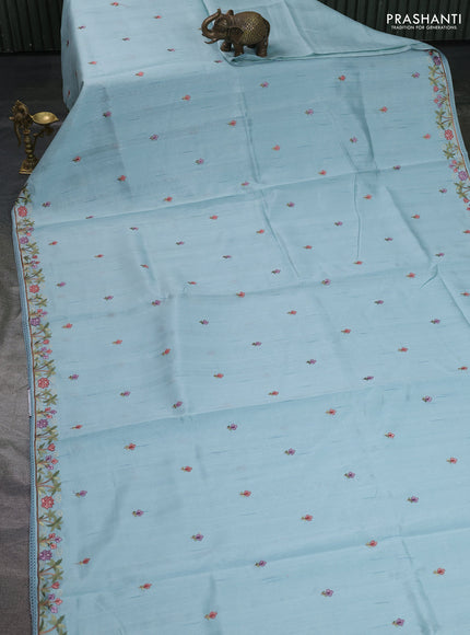 Art tussar saree pastel blue with embroidery work and floral embroidery border